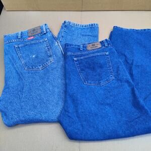 2 Pair Wrangler Men's Blue Jeans 42x30 Broke-In Comfort Fit Classic Denim Stains